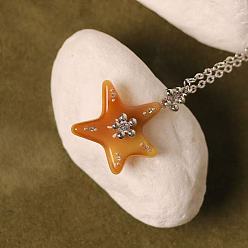 Dark Orange Ocean Alloy Resin Starfish Pendant Cable Chain Necklaces with Crystal Rhinestone for Women, Platinum, Dark Orange, 17.72 inch(45cm)