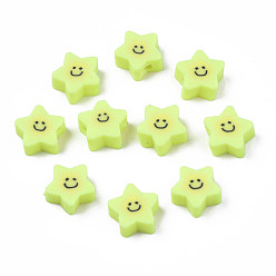 Зелено-Желтый Бусины из полимерной глины , звезды с улыбающимся лицом, зеленый желтый, 7.5~9x8.5~9x3.5~4 мм, отверстие : 1.6 мм