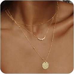 Золотой 3шт. латунный дисковый кулон 3 многослойные ожерелья для женщин, золотые, 15.75~19.69 дюйм (40~50 см)