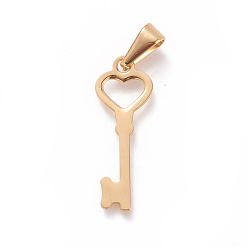 Golden 304 Stainless Steel Pendants, Large Hole Pendants, for Valentine's Day, Heart Key, Golden, 27x10x1mm, Hole: 8x3mm