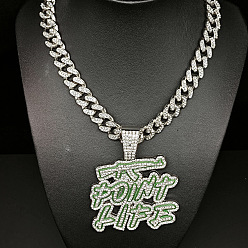 Платина Подвеска в стиле хип-хоп из цинкового сплава, полностью покрытая кристаллами и стразами, эмаль, зеленая надпись «жизнь», кубинская цепочка для мужчин., платина, 19.69 дюйм (50 см)