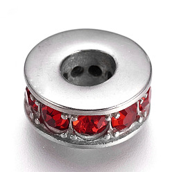 Rot 304 Edelstahlkugeln, mit Zirkonia, Großloch perlen, Flachrund, Edelstahl Farbe, rot, 14x6 mm, Bohrung: 5.5~6 mm
