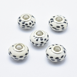Weiß Handgemachte  europäischen Fimo-Perlen, mit versilberten Messingkernen, Großloch perlen, Rondelle mit Punktmuster, weiß, 13~16x8~11 mm, Bohrung: 4.5~5 mm