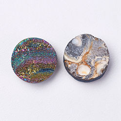 Rainbow Plated Electroplated Natural Druzy Agate Cabochons, Flat Round, Multi-color Plated, 14x3~8mm