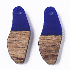 Blue Opaque Resin & Waxed Walnut Wood Pendants, Oval, Blue, 23x9x3mm, Hole: 1.8mm