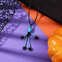 Темно-Голубой Ожерелья с подвесками в виде скелета из стеклянных бусин и натурального черного оникса (окрашенного и нагретого) и окрашенного черепа из синтетической бирюзы на тему Хэллоуина, ожерелье из вощеного хлопкового шнура для женщин и мужчин, платина, глубокое синее небо, 17.60 дюйм (44.7 см)