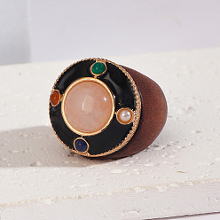 Розовый Кварц Плоские круглые кольца из дерева, смолы и натурального розового кварца, 24 мм, внутренний диаметр: 18 мм