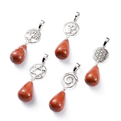 Красный Камень Чакра ювелирные изделия йога, природные красной яшмы подвески, латунная фурнитура с платиновым покрытием, слеза и голос / символ ом / древо жизни / цветок жизни / звезда давида, 42~45 мм, отверстие : 8x5 мм