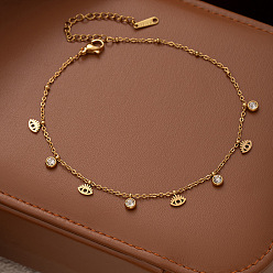 Eye 304 Браслеты на лодыжку из нержавеющей стали с подвесками из прозрачных кубических цирконий для женщин, золотые, глаз, 8-1/4 дюйм (210 мм)