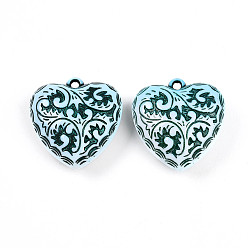 Темно-бирюзовый Непрозрачные акриловые подвески, сердце с причудливой резьбой, темные бирюзовый, 41~42x39.5x16.5 мм, отверстие : 3 мм