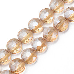 BurlyWood Electroplate Transparent Glass Beads Strands, Faceted, Flat Round, BurlyWood, 10x6mm, Hole: 0.9mm, about 70pcs/strand, 27.95 inch(71cm)