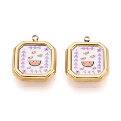 Сливовый Печатный стиль 304 квадрат из нержавеющей стали с подвесками в виде цветов, ионное покрытие (ip), слива, 18x15.5x4 мм, отверстие : 1.5~1.6 мм