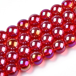 Red Electroplate Transparent Glass Beads Strands, AB Color Plated, Round, Red, 8~8.5mm, Hole: 1.5mm, about 51~53pcs/strand, 14.96 inch~15.55 inch(38~39.7cm)