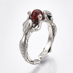 Античное Серебро Сплав манжеты кольца пальцев, со стеклом, широкая полоса кольца, русалка, античное серебро, Размер 10, 20 мм