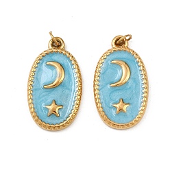 Темно-Голубой 304 нержавеющей стальной эмали подвески, овал с луной и звездами, реальный 18 k позолоченный, ионное покрытие (ip), с целью перехода в кольце, глубокое синее небо, 23x13x2.5 мм, отверстие : 3 мм