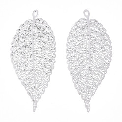 Платина Стеллаж покрытие латунь филигрань большие подвески, долговечный, очарование листа, без никеля , платина, 55.5x24x0.4 мм, отверстие : 1.4 мм