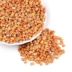 Orange Picasso Glass Seed Beads, Oval, 2-Hole, Orange, 5~6x3~4x2~3mm, Hole: 0.9~1.2mm, about 6425pcs/pound