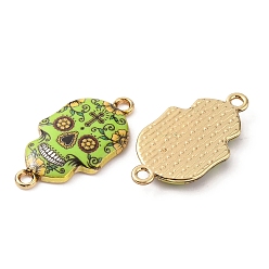 Lawn Green Cinco de Mayo Sugar Skull Alloy Enamel Connector Charms, Light Gold, Lawn Green, 23x13.5x2.5mm, Hole: 1.8mm