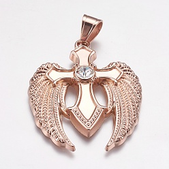 Rose Gold 304 Stainless Steel Pendants, with Rhinestone, Wing with Cross, Rose Gold, 39x49x5mm, Hole: 7x9mm