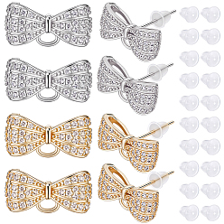 Real Gold Plated & Real Platinum Plated 4 пары 2 цвета стойка покрытие латунь микропаве прозрачный кубический цирконий фурнитура для сережек, с петлей, без кадмия и без свинца, долговечный, бантик и 30шт. пластиковые ушки, настоящее золото и платина, 8x15x5 мм, отверстие : 1.7 мм, штифты : 0.8 мм, 2 пары / цвет