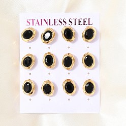 Black 6 Pairs 304 Stainless Steel Pave Cubic Zirconia Stud Earrings, Oval, PVD Vacuum Plating, Golden, Black, 12.5x10mm
