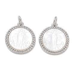 Platino Colgantes de circonita cúbica transparente micro pavé de latón chapado en rack, redondo plano con encantos de la virgen maría, con concha blanca natural y anilla de salto, sin plomo y cadmio, larga duración plateado, Platino, 18x15x2.8 mm, agujero: 3.5 mm