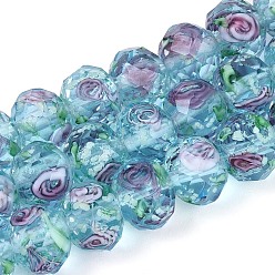 Бледно-бирюзовый Бусы лэмпворк ручной работы, рондель, с внутренним цветок, граненые, бледные бирюзовая, 9~10x7~8 мм, отверстие : 1~1.6 мм, около 40 шт / нитка, 12.01 дюйм (30.5 см)