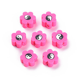 Tief rosa Manuell Polymer Ton Perlen, für DIY Schmuck Bastelbedarf, Blume mit Yin-Yang, tief rosa, 8~9x7.5~8.5x4~4.5 mm, Bohrung: 1.6~1.8 mm
