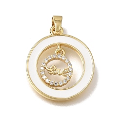 Golden Brass Micro Pave Clear Cubic Zirconia with White Enamel Pendants, Ring with Word Love Charms, Rack Plating, Long-Lasting Plated, Cadmium Free & Lead Free, Golden, 21x18x2mm, Hole: 5mm