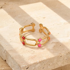 Красный Овальные 304 эмалированные открытые манжетные кольца из нержавеющей стали, реальный 18 k позолоченный, красные, 7 мм, регулируемый