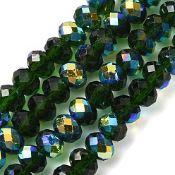 Темно-Зеленый Гальванизируйте прозрачное стекло бисер нитей, рондель, с покрытием AB цвета, с половиным покрытием, граненые, темно-зеленый, 6x4 мм, отверстие : 1 мм, около 98~100 шт / нитка, 16.93~18.39'' (43~46.7 см)