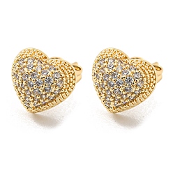 Light Gold Brass with Clear Cubic Zirconia Stud Earrings, Heart, Light Gold, 12x12mm