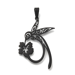 Черный 304 подвески из нержавеющей стали, подвеска колибри с цветком, ионное покрытие (ip), чёрные, 36x22.5x1 мм, отверстие : 4.5x2.5 мм