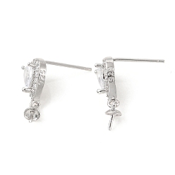 Платина Серьга-гвоздик из латуни с микропаве из кубического циркония, с зажимными зажимами для полуразбуренных бусин, слеза, без кадмия и без свинца, платина, 12x7x4.5 мм, контактный: 0.6 мм и 0.8 мм