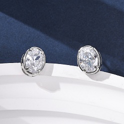 Oval Серьги-гвоздики из латунного микро-паве, стойки покрытие, долговечный, без кадмия и без свинца, платина, овальные, 10x7.5 мм