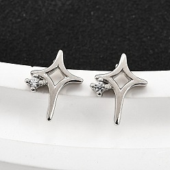 Платина Серьги-гвоздики из латунного микро-паве, звезда, платина, 10.5x8 мм