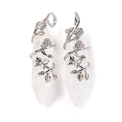 Хрусталь Подвески с двойным наконечником из натурального кварца, граненые подвески из горного хрусталя из латуни в цветочной обертке, платина, 50x12x15 мм, отверстие : 9x5 мм