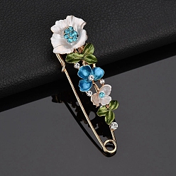 Deep Sky Blue Alloy Enamel Brooch Pin, Rhinestone Flower Lapel Pins, Deep Sky Blue, 80mm