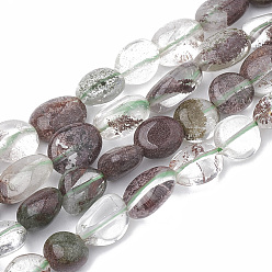Quartz Lodolite Quartz vert naturel Lodolite / brins de perles de quartz de jardin, ovale, 8~15x8~10x4~10mm, Trou: 1mm, Environ 36~42 pcs/chapelet, 15.7 pouce