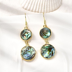 Плоский Круглый Серьги-подвески из натуральной латунной раковины морского ушка, долговечный, стойки покрытие, реальный 18 k позолоченный, плоско-круглые, 59x17.5 мм