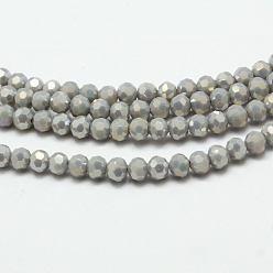 Light Grey Faceted(32 Facets) Round Full Rainbow Plated Imitation Jade Electroplate Glass Beads Strands, Light Grey, 4mm, Hole: 1mm, about 100pcs/strand, 14.9 inch