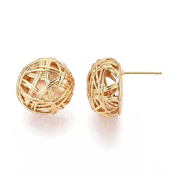 Настоящее золото 18K Полые полукруглые серьги-гвоздики из латуни, без никеля , реальный 18 k позолоченный, 18x17~17.5 мм