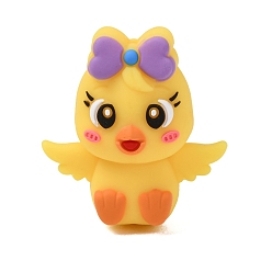 Duck Animal Silicone Beads, Focal Beads, Yellow, Duck with Bowknot, 32x29.5x17mm, Hole: 2mm