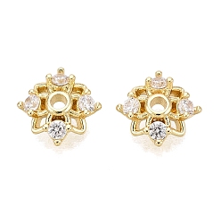 Настоящее золото 18K Колпачки для бусин из прозрачного кубического циркония из латуни, полые цветок, реальный 18 k позолоченный, 9x9x2.5 мм, отверстие : 1.2~1.4 мм