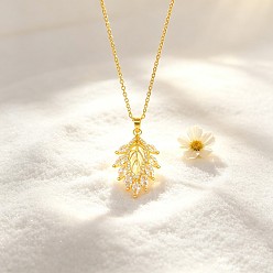 Clear Brass Pave Clear Cubic Zirconia Leaf Pendant 201 Stainless Steel Cable Chain Necklaces for Women, Ion Plating(IP), Real 18K Gold Plated, Clear, 15.75 inch(40cm)