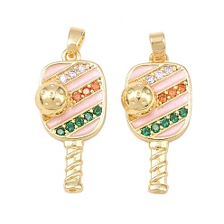 Pink Латунные микро проложить кубического циркония подвески, с эмалью, ракетка, реальный 18 k позолоченный, розовые, 26.5x12x7 мм, отверстие : 4.5x3 мм