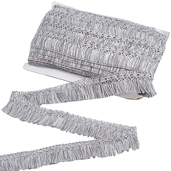 Silver Ethnic Style Polyester Trim, with Tassel, Polyester Ribbon For Sewing Decoration, Rhombus Pattern, Silver, 1-3/8 inch(36mm)