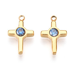 Васильковый Ионное покрытие (ip) 304 подвески из нержавеющей стали с микропаве из кубического циркония, крестик, реальный 18 k позолоченный, васильковый, 13x8x2.5~3 мм, отверстие : 1.2 мм