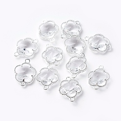 Clear Glass Links connectors, with Eco-Friendly Alloy Open Back Berzel Findings, Faceted, Flower, Silver Color Plated, Clear, 15.5x12x4mm, Hole: 1.4mm