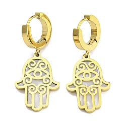 Golden Ion Plating(IP) 304 Stainless Steel Dangle Hoop Earring with Synthetic Shell, Hamsa Hand with Evil Eye, Golden, 38x16.5mm